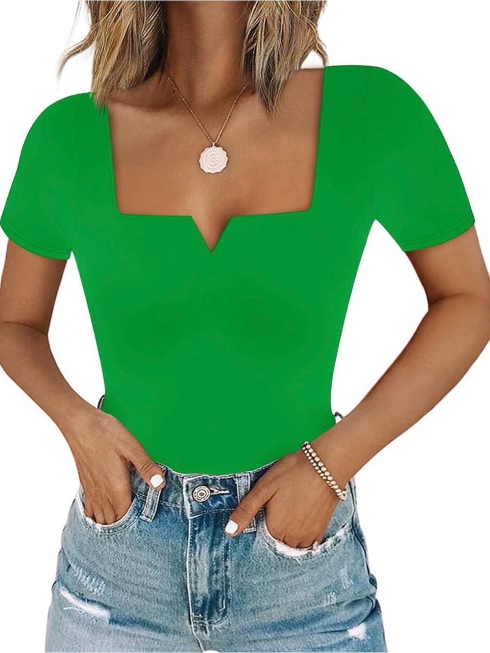 Amazon Green Square-Notch Short Sleeve Bodysuit
